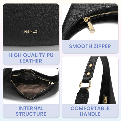 Keyli Shoulder Bag Polene Bags for Women Fashionable Casual Vegan Leather Zip Top-Handle Handbags Quilted Crescent Hobo Purse Black
