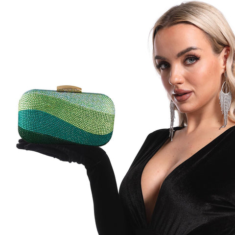 Boutique De FGG Sea Wave Luxury Crystal Clutch Evening Bags for Women Gradient Green Rhinestone Wedding Handbags and Purses Boutique De FGG
