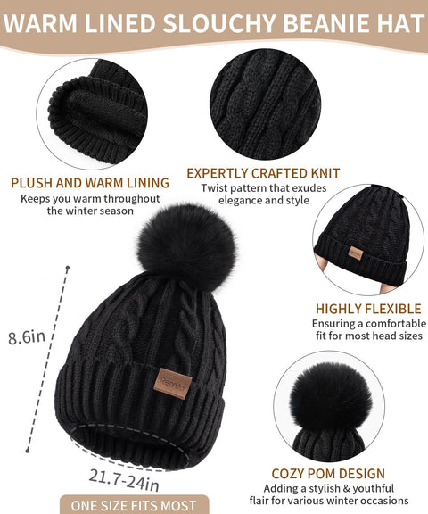 Women Beanie Hat Scarf Gloves Set, 3 PCS Winter Warm Pom Pom Beanie Hat Skull Cap Long Knit Neck Scarf & Touchscreen Gloves Set for Cold Weather, Christmas Holiday Gifts for Mom Wife Friend Sister Her Remifa