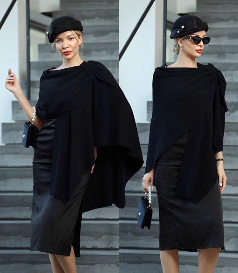 PULI Womens Large Cross Front Poncho Sweater Wrap Topper Knitted Elegant Shawls Cape for Fall Winter PULI