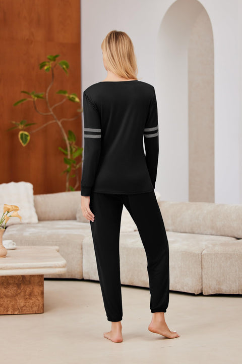 Ekouaer Womens Lounge Sets 2 Piece Outfits 2025 Long Sleeve Pajama Crewneck Sleepwear Sweatsuits with Pockets Black, Small