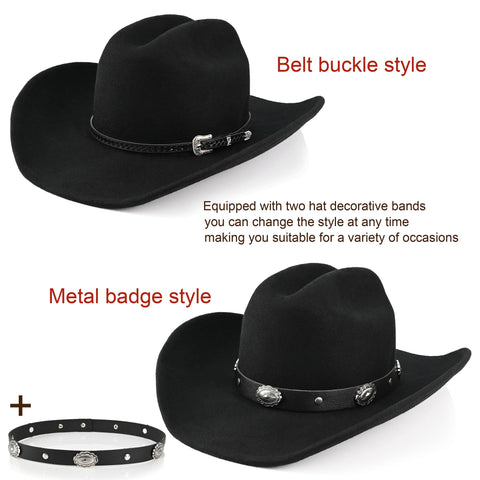 100% Wool Western Cowboy Hat for Men Women Classic Fedora Hat Felt Cowgirls Hats with Two Decorative Bands (US, Alpha, Large, X-Large, Black-A)