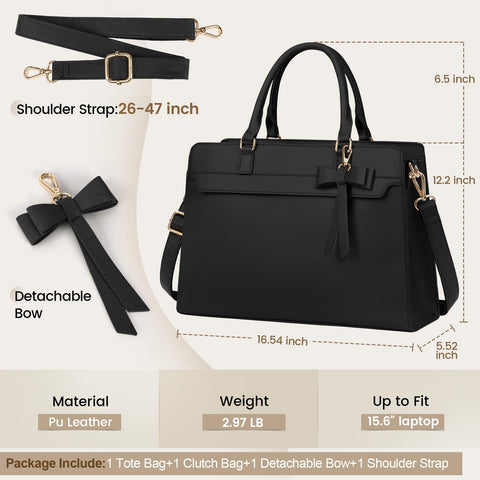 Laptop Bag for Women 15.6 inch Leather Laptop Tote Bag Large Computer Bag Waterproof Business Office Work Bag Briefcase with Satchel Purse 2pcs Set, Black NUBILY