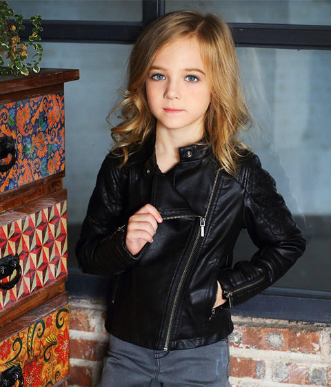 LJYH Girls Faux Leather Quilted Motorcycle Jackets Kids Spring Biker Coats Black 7/8yrs