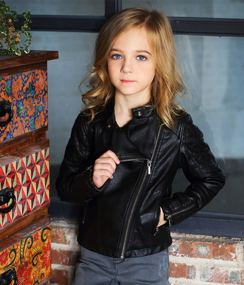 LJYH Girls Faux Leather Quilted Motorcycle Jackets Kids Spring Biker Coats Black 7/8yrs