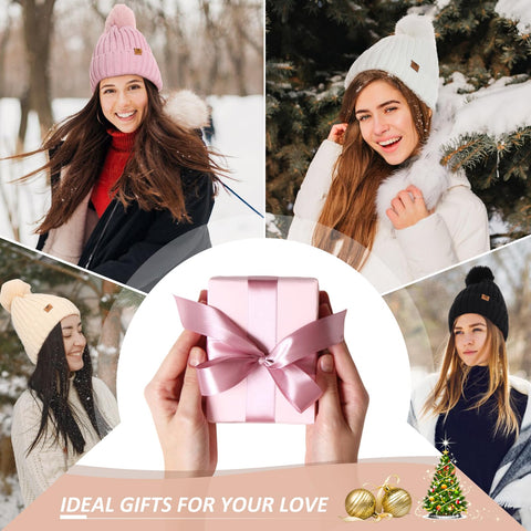 Uerymit Womens Winter Beanie Hat with Pom Pom Fleece Lined Warm Knit Beanie Touchscreen Gloves Long Neck Scarf 3 Set Skull Caps Gifts for Women Men Apricot Uerymit