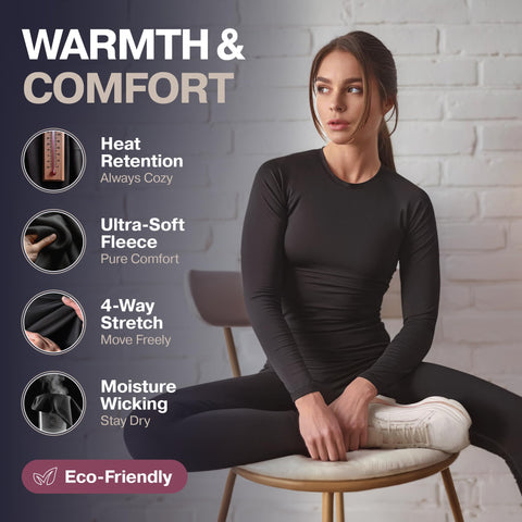 Thermajane Long Johns Thermal Underwear for Women Fleece Lined Base Layer Pajama Set Cold Weather (2X-Large, Black) Thermajane