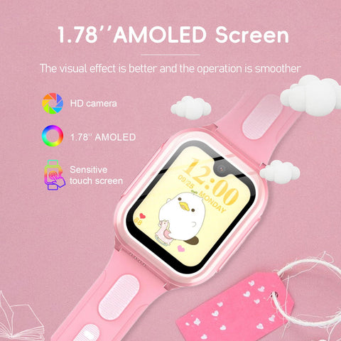 Wonlex 4G GPS Smartwatch for Kids, 1.78" AMOLED Touchscreen Phone Watch with SIM Card, Video Calls, Voice Chat, SOS, Camera, Music, Pedometer, Game, Birthday Gift for Girls Boys Ages 8-15(Pink)