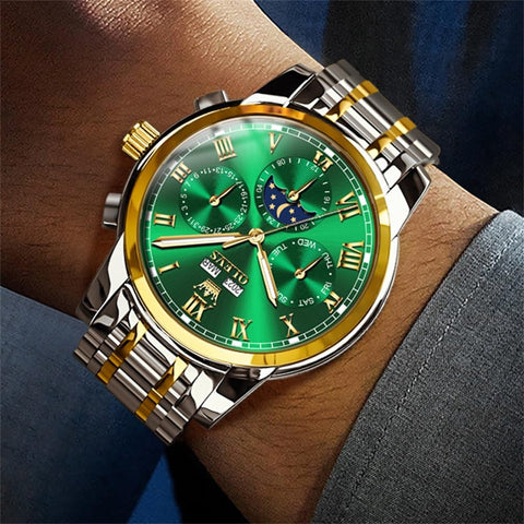 OLEVS Green Mens Automatic Watch Mechanical Self Winding Luxury Business Dress Moon Phase Stainless Steel Calendar Wrist Watches for Men Waterproof Luminous OLEVS