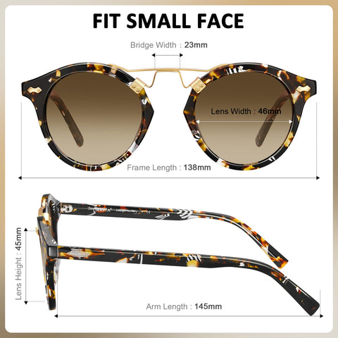 CARFIA Small Face Acetate Polarized Sunglasses for Women UV Protection, Retro Double Bridge Eyewear Metal Brow Round Sunnies