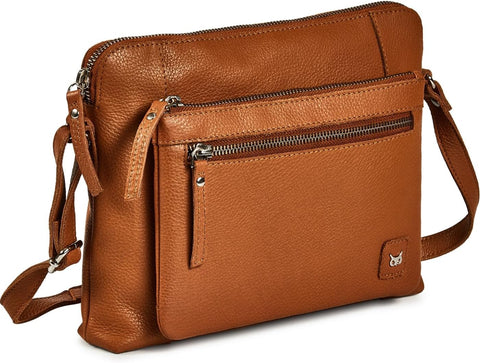 Wise Owl Accessories Small Soft Pebbled Real Leather Crossbody Handbags Purses Triple Zip Premium Sling Crossover Shoulder Bag for Women Gift (Cognac Nappa)