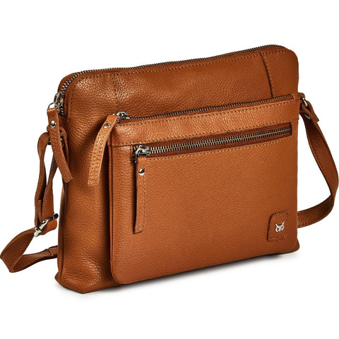 Wise Owl Accessories Small Soft Pebbled Real Leather Crossbody Handbags Purses Triple Zip Premium Sling Crossover Shoulder Bag for Women Gift (Cognac Nappa)