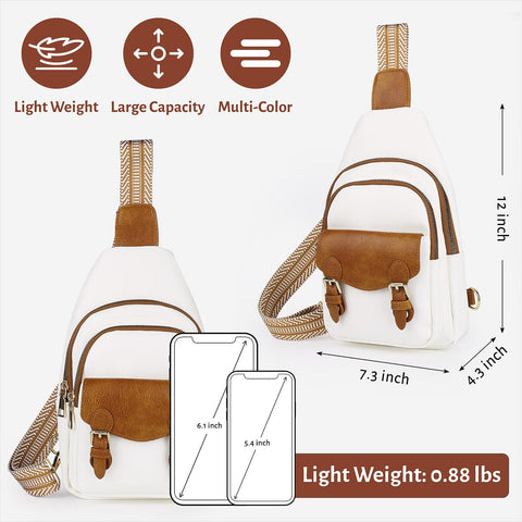GUETES Sling Bag Small Fanny Pack Leather Crossbody Bags for Women Men Chest Bag Cross Body Backpack dailypack Travel Hiking Cycling, White and Brown GUETES