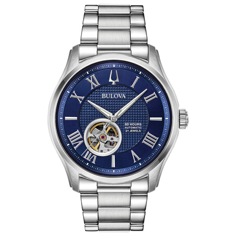Bulova Men's Classic Wilton 3-Hand 21-Jewel Automatic Watch, 60 Hour Power Reserve, Luminous Hands, Open Aperture, Roman Numeral Markers Domed Sapphire Crystal, 43mm Bulova