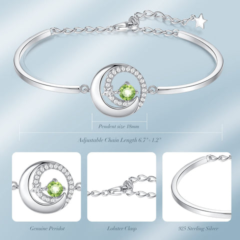 FANCIME Genuine Peridot August Birthstone Bracelets for Women Sterling Silver Moon and Star Bangle Charm Bracelet Natural Gemstone Fine Jewelry Birthday Anniversary Christmas Gifts for Mom FANCIME