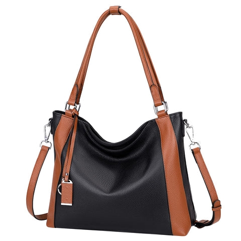 Over Earth Soft Leather Handbags for Women Shoulder Hobo Bag Large Tote Crossbody Bag (O103E Black/Brown) Over Earth