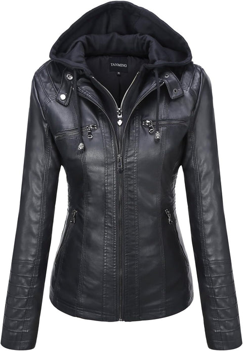 Tanming Women's Removable Hooded Faux Leather Jackets (X-Large, Black) Tanming