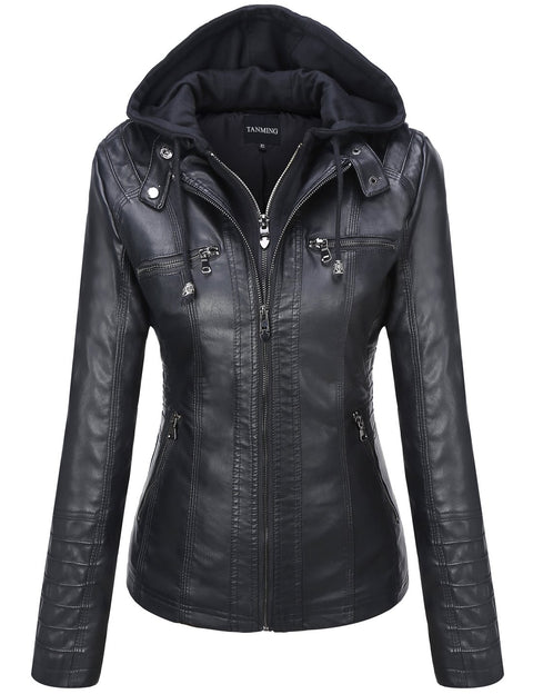 Tanming Women's Removable Hooded Faux Leather Jackets (X-Large, Black) Tanming