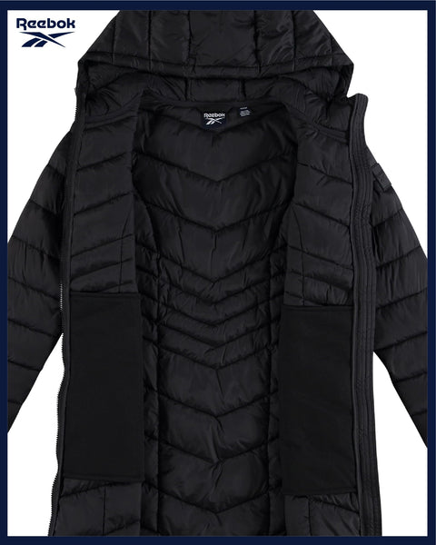 Reebok Womens Long Puffer Coat - Midweight Long Parka Length Quilted Snow Winter Jackets for Women (Also in Plus Size 1X-3X), Size 1X, Black Ink