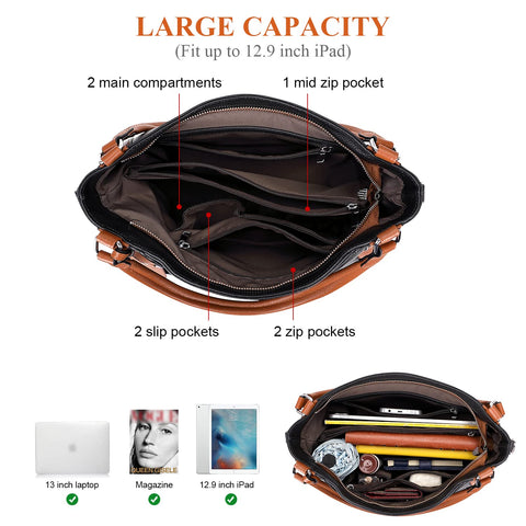 Over Earth Soft Leather Handbags for Women Shoulder Hobo Bag Large Tote Crossbody Bag (O103E Black/Brown) Over Earth