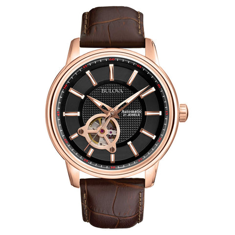 Bulova Men's Classic 3-Hand Automatic Leather Strap Watch, 21-jewels, Hack Feature, Luminous Hands and Markers,Open Aperture and Exhibition Case Back Style: 97A109 Bulova