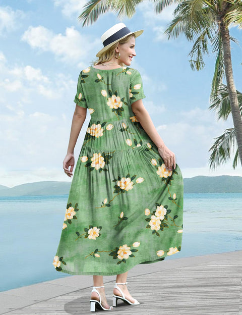 YESNO Women Casual Loose Bohemian Floral Dress with Pockets Short Sleeve Long Maxi Summer Beach Swing Dress 2XL EJF CR19 YESNO