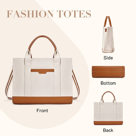 Missnine Tote Bag Canvas Laptop Bag 15.6 inch Briefcase for Women Large Capacity Handbag for Office, College, Travel (Brown+Beige) Missnine