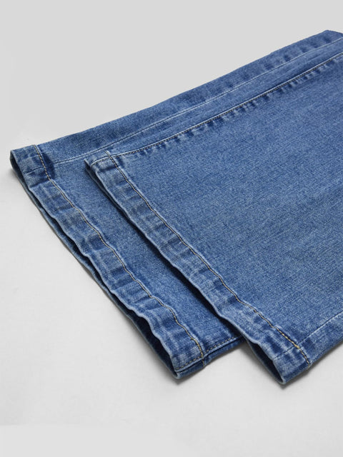 Flamingals Wide Leg Jeans for Women Mid Waist Baggy Stitch Decor Denim Washed Pants Without Belt Mid Blue L