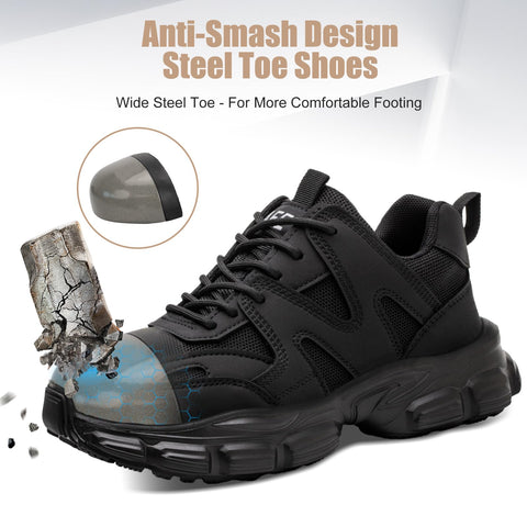 Steel Toe Shoes for Women Men Wide Non Slip Composite Work Sneakers Indestructible Comfortable Safety Tennis Shoes Lightweight Breathable Construction Sneakers Puncture Proof Ergonomic Design Black
