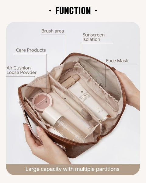 EACHY Travel Makeup Bag,Large Capacity Cosmetic Bags for Women,Waterproof Portable Pouch Open Flat Toiletry Bag Make up Organizer with Divider and Handle (I-Brown, Medium) EACHY