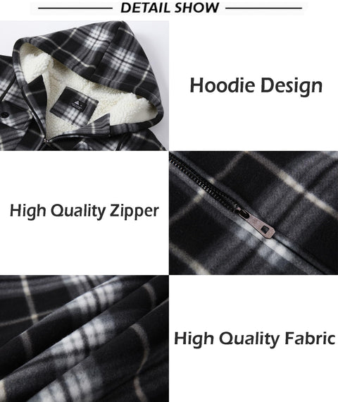 SCODI Men's Flannel Shirt Jacket Fleece Sherpa Lined Plaid Jackets Coat Full Zip Up Hoodie Winter Outwear Black White X-Large