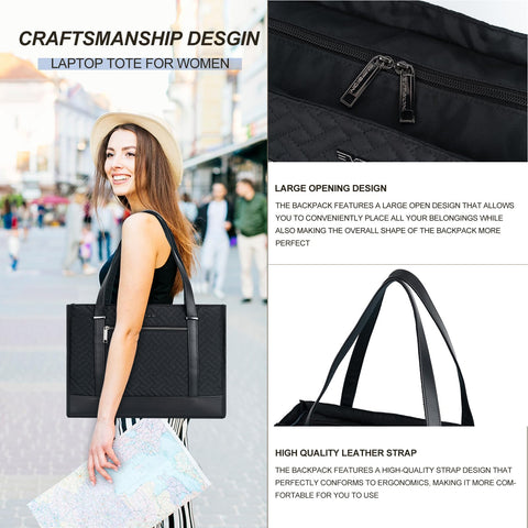 EMPSIGN Laptop Tote bag for women 16 Inch, Stylish Computer Shoulder Tote Bag for Work, Large Capacity Quilted Laptop Briefcase, Waterproof Women Business Office Bag, Quilted Black EMPSIGN