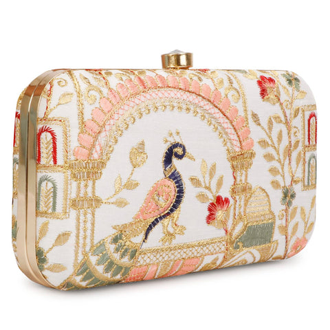 LONGING TO BUY Hand Crafted Designer Box Clutch For Women, Zari Embroidery Clutch For Women/Hand Clutch For Women (Cream-2) LONGING TO BUY