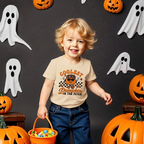 GLIGLITTR Toddler Boy Halloween Shirt Coolest Pumpkin in The Patch Tshirt Kids Spooky Season Short Sleeve Tee Top Fall Outfit(Apricot,4-5T)