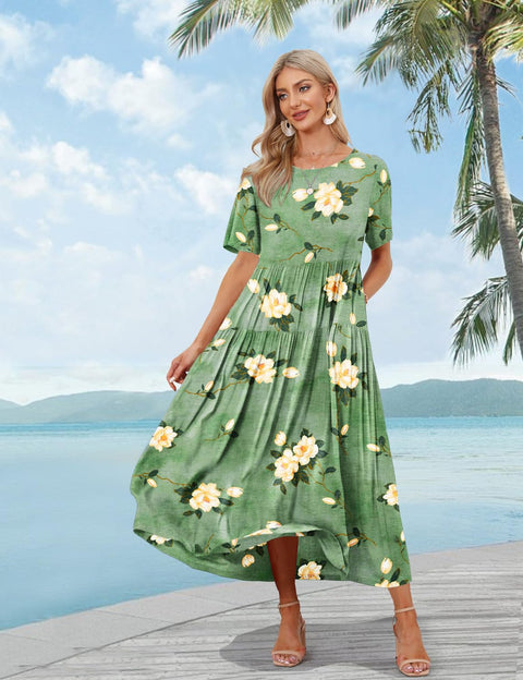 YESNO Women Casual Loose Bohemian Floral Dress with Pockets Short Sleeve Long Maxi Summer Beach Swing Dress 2XL EJF CR19 YESNO