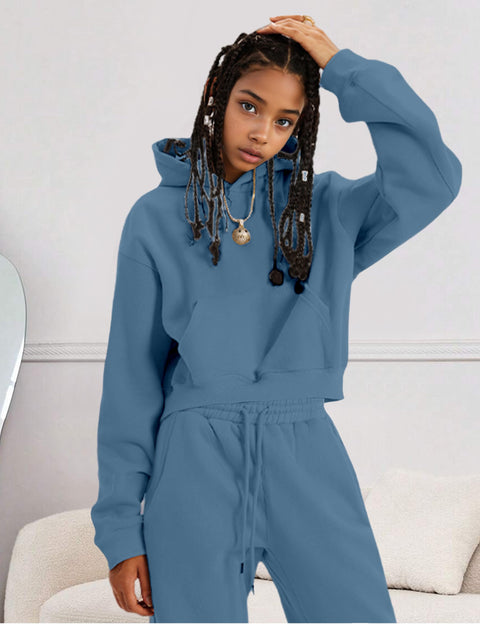 AGERWAY Clothes for Girls Sweatsuit Fall Winter Clothing Sets Fashion Hoodie Sweatshirts and Pants Sets 2Pcs Kids Clothes Girls Outfits Size 7/8 Grey Blue