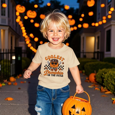 GLIGLITTR Toddler Boy Halloween Shirt Coolest Pumpkin in The Patch Tshirt Kids Spooky Season Short Sleeve Tee Top Fall Outfit(Apricot,4-5T)