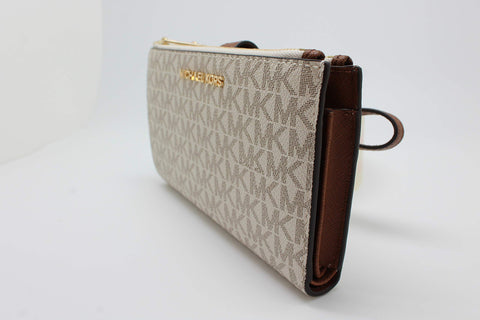 Michael Kors Jet Set Travel Double Zip Wristlet - Signature PVC (Vanilla PVC/Dark Acorn) Michael Kors