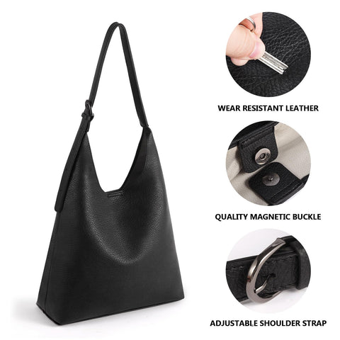 Hobo Bag for Women, Vegan Leather Slouchy Shoulder Handbags Purses for Women with Adjustable Strap (Black)