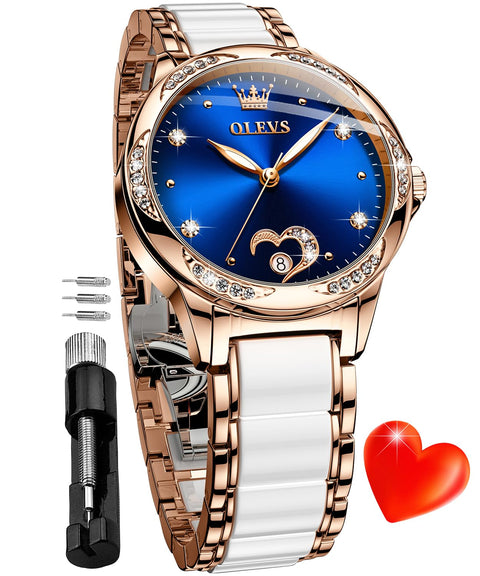 OLEVS Womens Automatic Watches Self Winding Ladies Diamond Wrist Watch Luxury Dress Rose Gold Ceramic Watch for Women Love Heart Date OLEVS