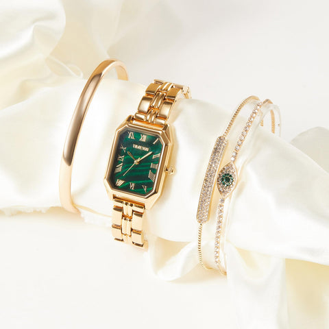 TIME100 Women's Rectangle Bracelet Watch Set Premium Crystal Accented Bangle Watch Golden W50889L TIME100