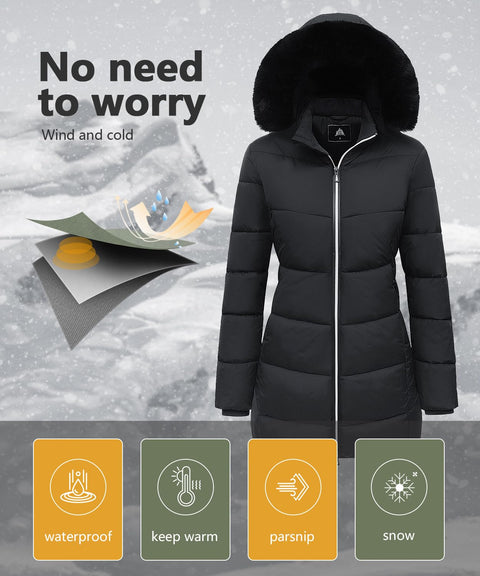 MOERDENG Women's Winter Windproof Warm Down Coats Waterproof Thicken Hooded fashions Puffer Jacket Black 01-L MOERDENG