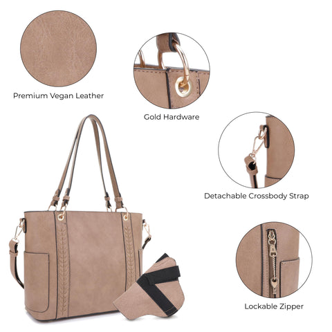 JESSIE & JAMES | Austin Whipstitching Concealed Carry Tote Bag with Lock and Key, TTop Handle CCW Purse Taupe JESSIE & JAMES
