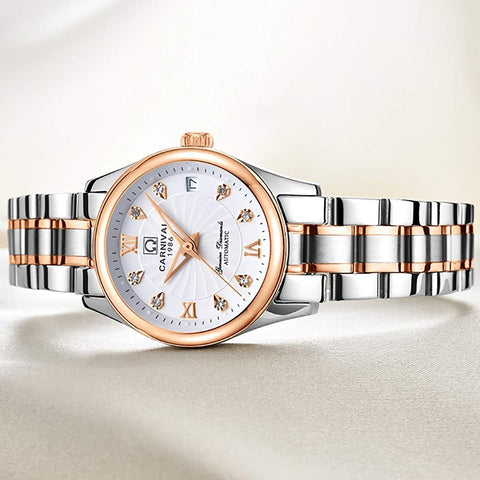 Gosasa Automatic Watch Fashion Women's Analog Watches Stainless Steel Link Waterproof Ladies Luxury Dress Watch (White) Gosasa