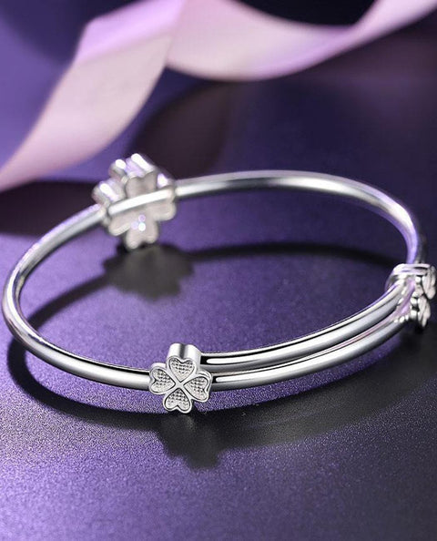 Kim Carrey S925 Silver Bangle Bracelet for Women, Elegant Women‘s Sterling Silver Bracelet Bangle Adjustable 6.4-7.8 inches Small Size (White Clover) Kim Carrey