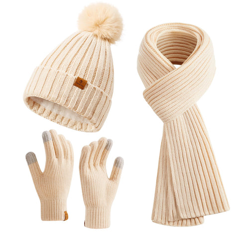 Coolprince Womens Long Scarf Gloves and Hat Set Cold Weather Hat Scarf Glove Set for Women Winter Beanie Hats with Pom Pom Apricot Coolprince