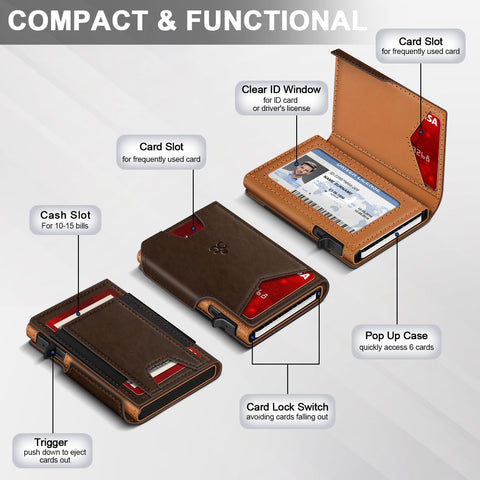 Wallet for Men Wallet with Slim Pop Up Card Holder 9-13 Cards, Bifold Minimalist Smart Wallet RFID Blocking Credit Card Holder with ID Window & Stretchable Cash Slot Compact Metal Aluminum Card Case