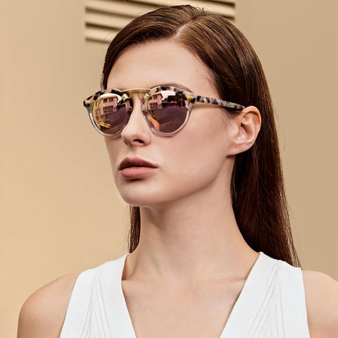CARFIA Small Pink Mirrored Polarized Sunglasses for Women UV Protection, Acetate Eyewear Double Bridge Metal Brow Sunnies