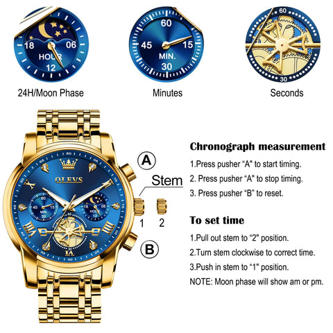 OLEVS Mens Gold Watches Dress Chronograph Watch Men Stainless Steel Diamond Multi-Function Men's Analog Watches Quartz Luxury Moon Phase Casual Blue Large Face Watch for Men Luminous Easy to Read