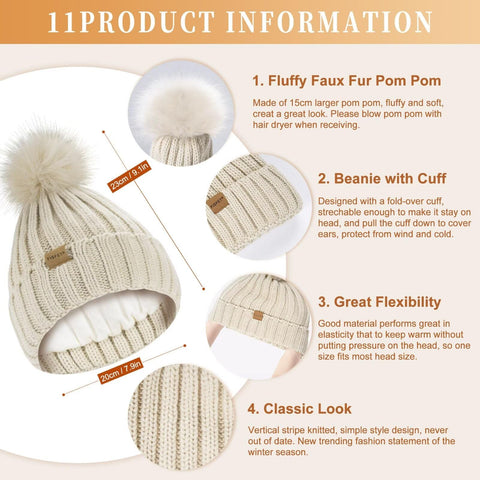Womens Fleece Lined Winter Hat, Scarf and Glove Set - With Pom Pom Beanie, Long Scarf and Touchscreen Gloves (Oatmeal) FISFET